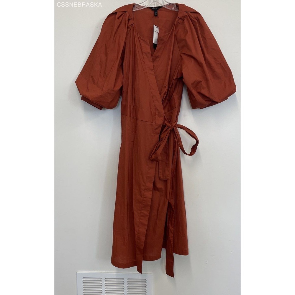 BANANA REPUBLIC Petite Wrap Dress Midi RUSTIC ORANGE BLOUSON Puff Sleeve Fall